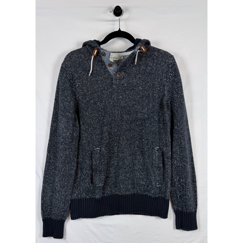 H&M LOGG Medium Hooded Henley Sweater Marled Blue Cotton Grunge Warm, Fall Layer